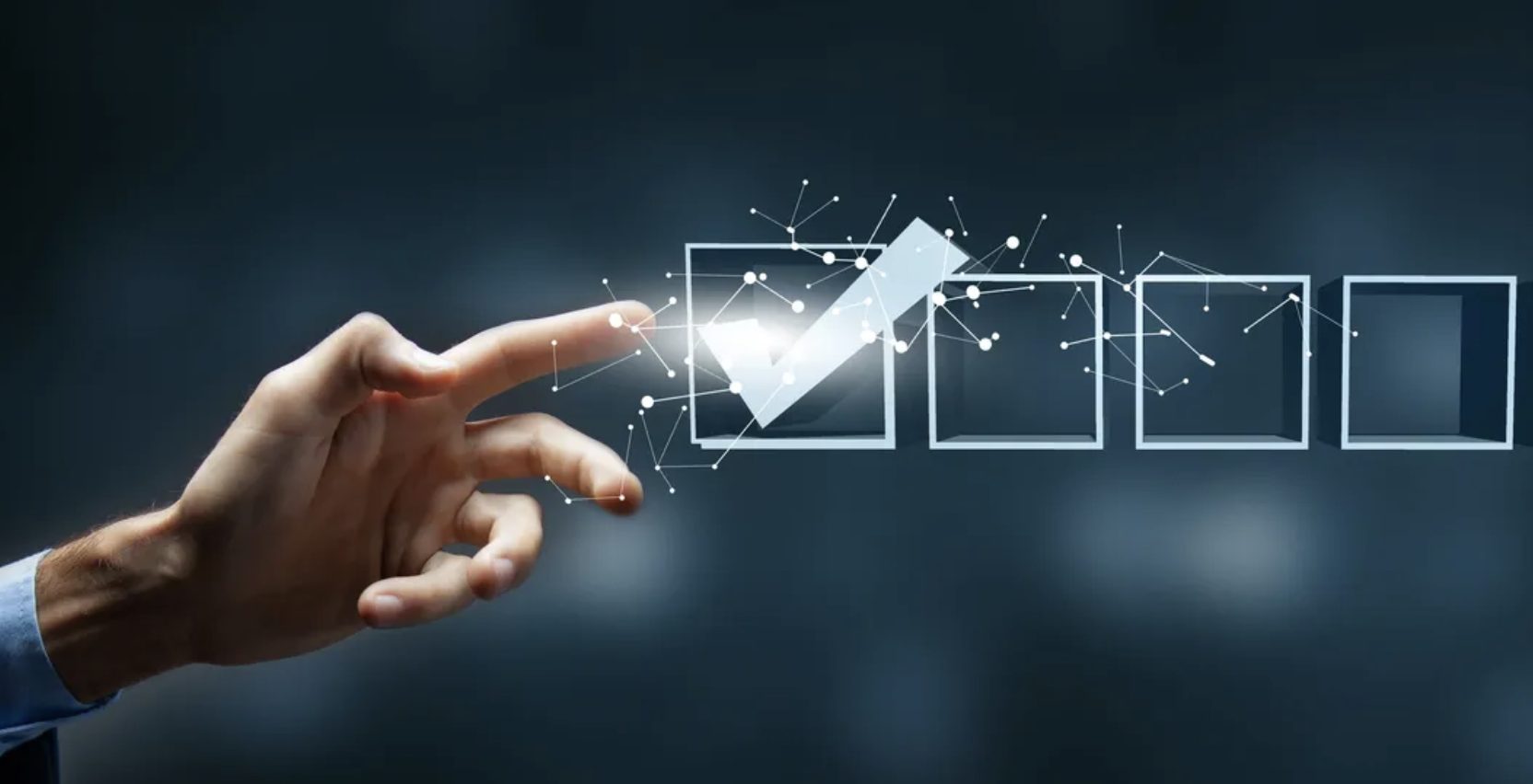 A hand reaching toward a row of glowing checkboxes, the first one checked, linked by a web of light