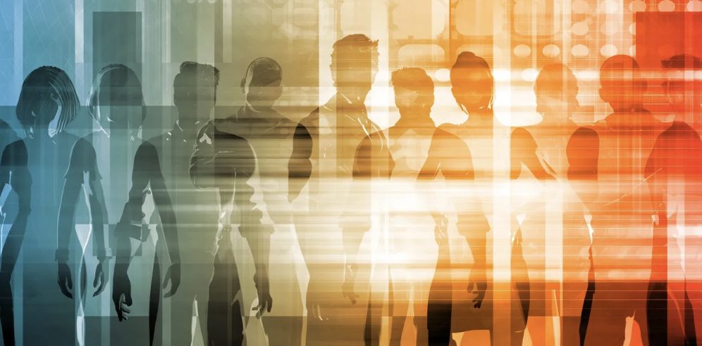 Overlapping silhouettes of people standing in a row, shading from blue to orange light