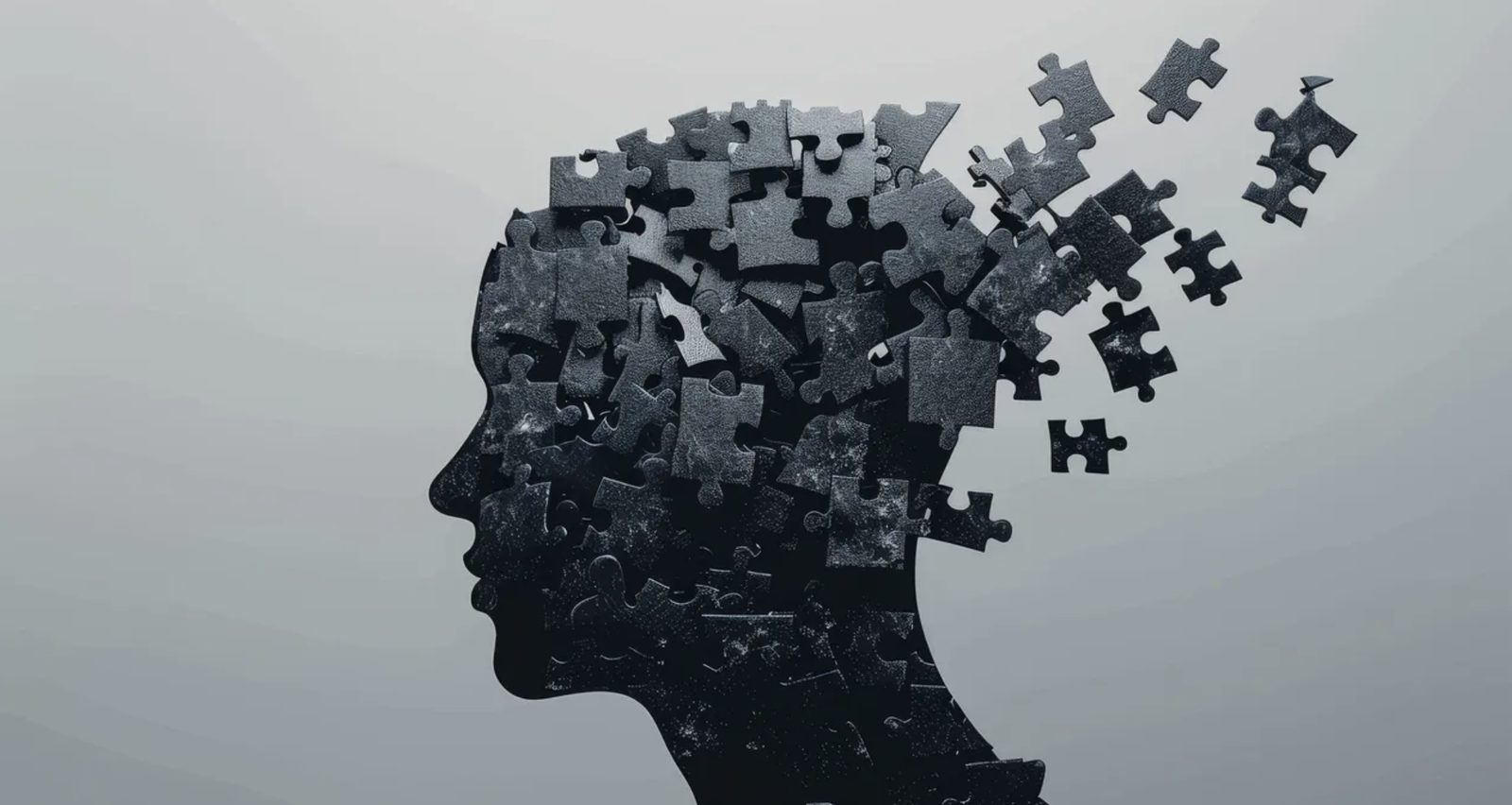 Silhouette of a head made of dark puzzle pieces, with pieces breaking away from the top