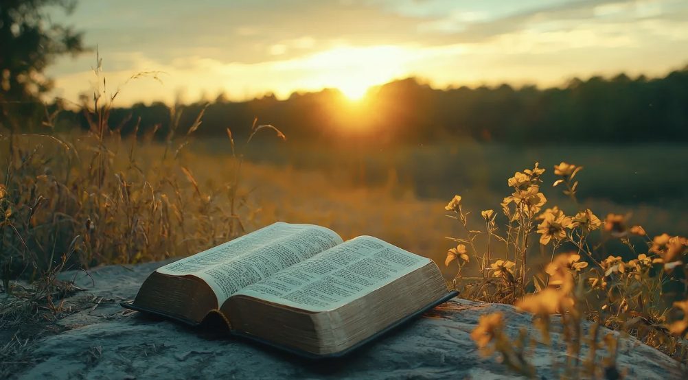 An open Bible resting on a rock in a field of wildflowers at sunset